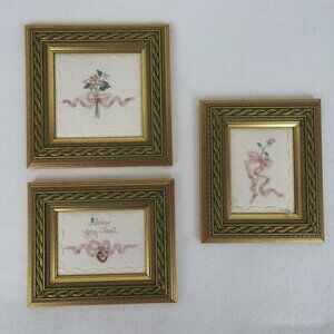 Cross Stitch Pictures Framed Floral Miniature Small Hand Made Vintage Lot of 3